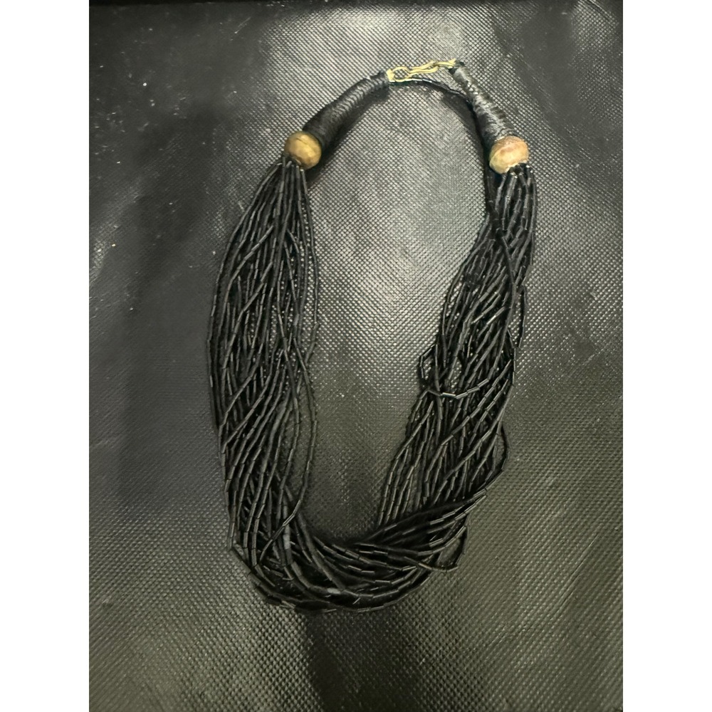 Vintage Multi Strand Black Seed Bead Statement Necklace Tribal Boho Chunky Bib